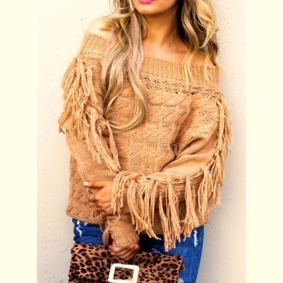 And The Why Sweaters - Western Tassel Sleeve Off Shoulder Pullover Sweater NWT